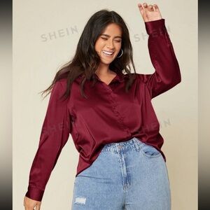 NEW SHEIN Plus Solid Button Up Satin Shirt